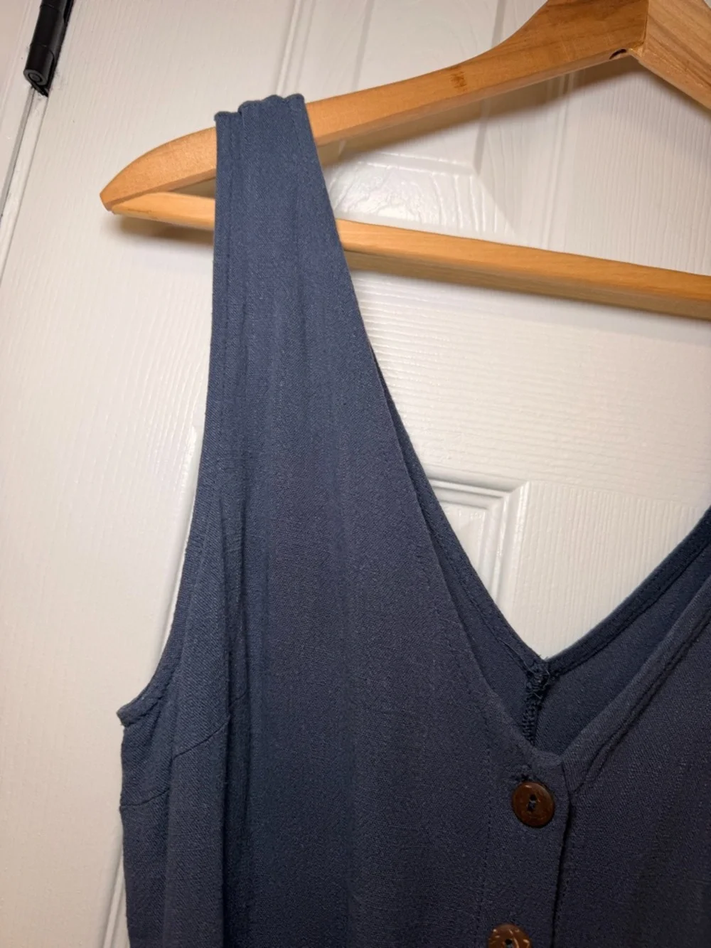 VICI Linen Blend Romper Blue Button Front Tie Waist Pocketed Boho Summer Small - Picture 6 of 11